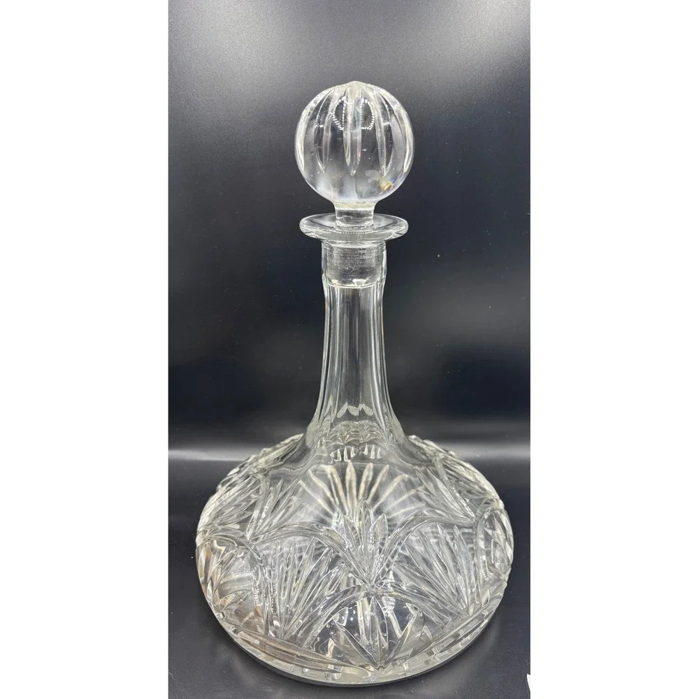 Vintage Glass Ships Decanter with Faceted Ball Stopper 11 Inch Clear Glass